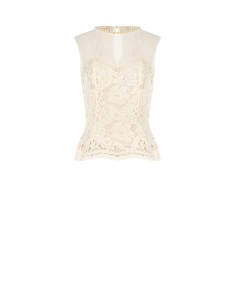 Top bustier acinturado em renda com painel em tule e gola redonda de pérolas Rinascimento