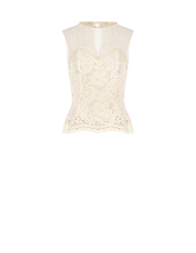 Top bustier acinturado em renda com painel em tule e gola redonda de pérolas Rinascimento