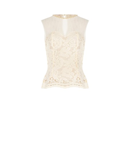 Top bustier acinturado em renda com painel em tule e gola redonda de pérolas Rinascimento