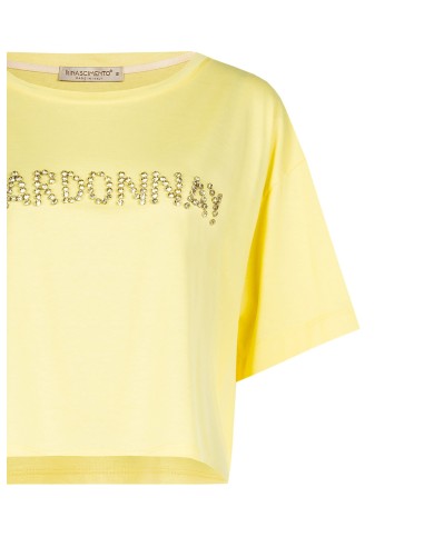 T-shirt curta oversize em algodão com a escrita Chardonnay em cristais Rinascimento