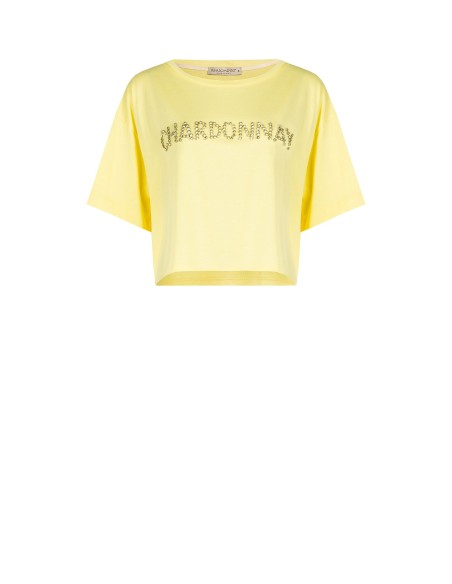 T-shirt curta oversize em algodão com escrita Chardonnay em cristais Rinascimento