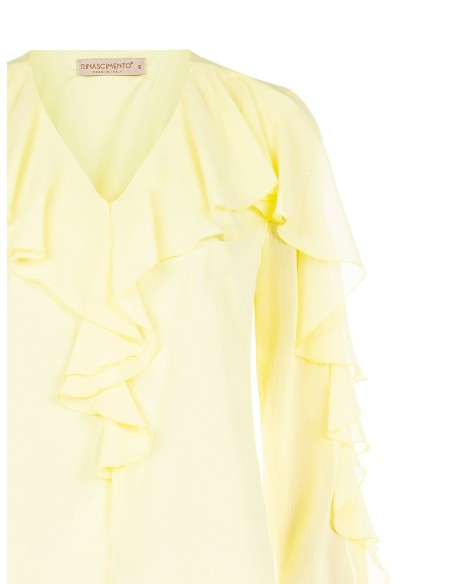 Blusa ajustada em georgette plissada com decote em V e folhos Rinascimento