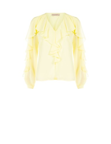 Blusa Acinturada em Georgette Plissê com Decote em V e Folhos Rinascimento