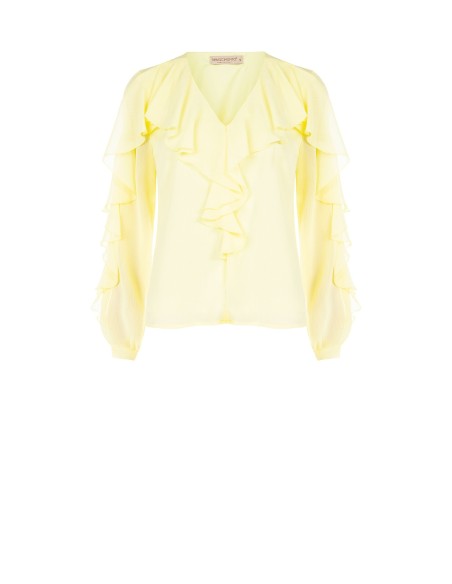 Blusa Acinturada em Georgette Plissê com Decote em V e Folhos Rinascimento