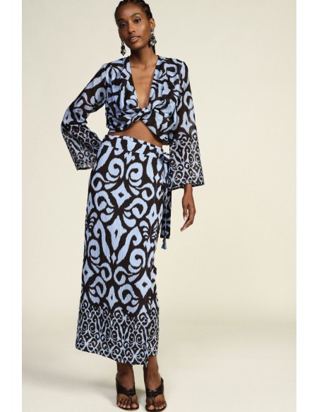 Saia midi com estampa abstrata e faixa Dixie