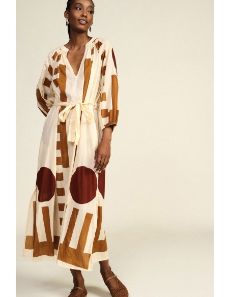 Vestido Longo Estampa Geométrica Cinto em Tecido Dixie