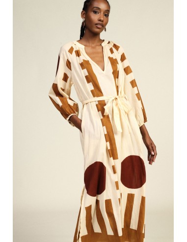 Vestido longo com estampa geométrica e cinto em tecido Dixie