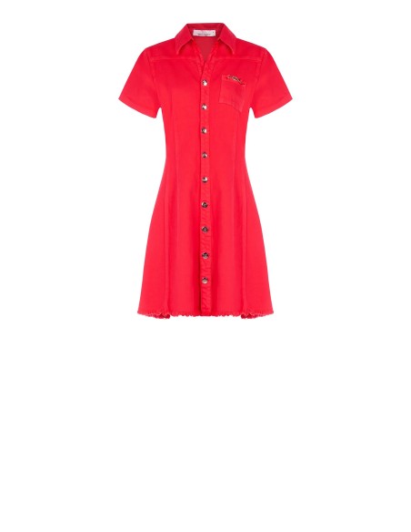 Vestido Curto Cintado em Denim Elástico com Barra Desfiada Rinascimento