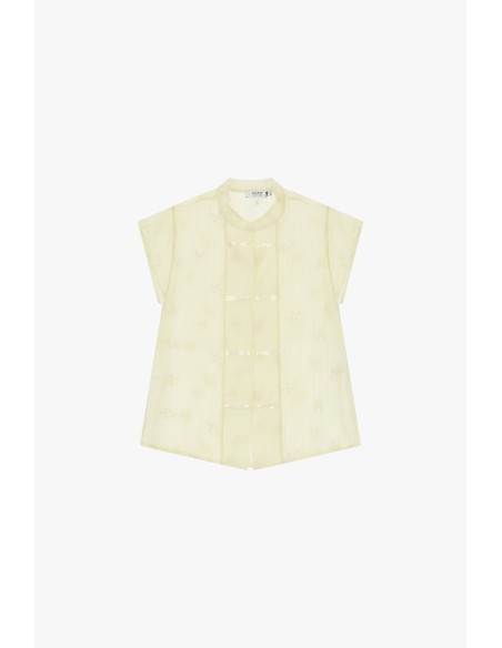 Blusa sem mangas com flores bordadas e fecho frontal Please