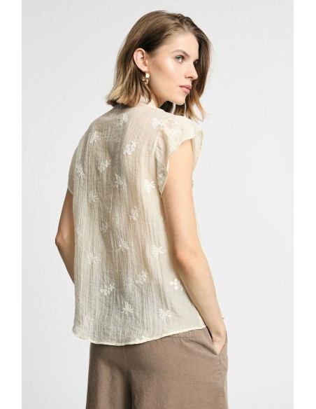 Camisa Sem Mangas Com Flores Bordadas E Fecho Frontal Por Favor
