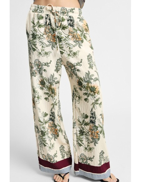 Calças palazzo com estampa floral e faixa contrastante Please