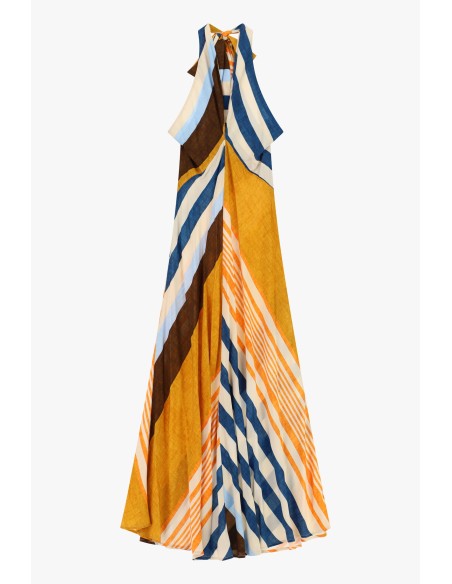 Vestido longo às riscas largas com gola anudada Dixie