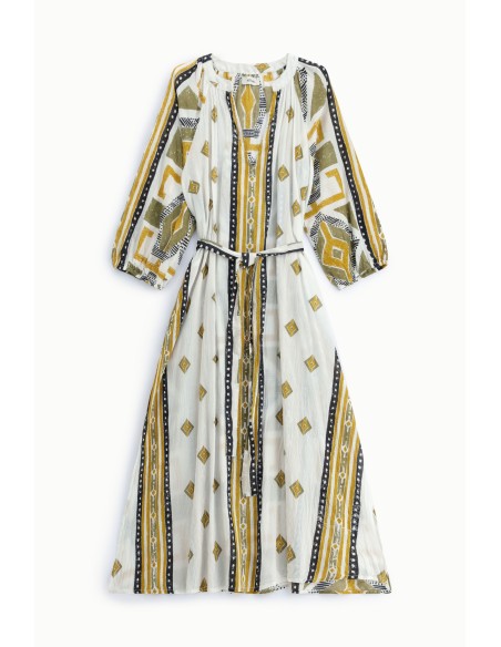 Vestido Longo Estampa Geométrica Cinto em Tecido Dixie