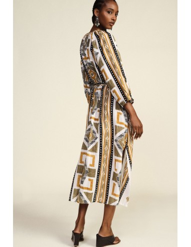 Vestido longo com estampa geométrica e cinto em tecido Dixie