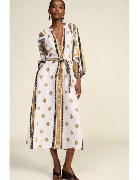 Vestido longo com estampado geométrico e cinto de tecido Dixie