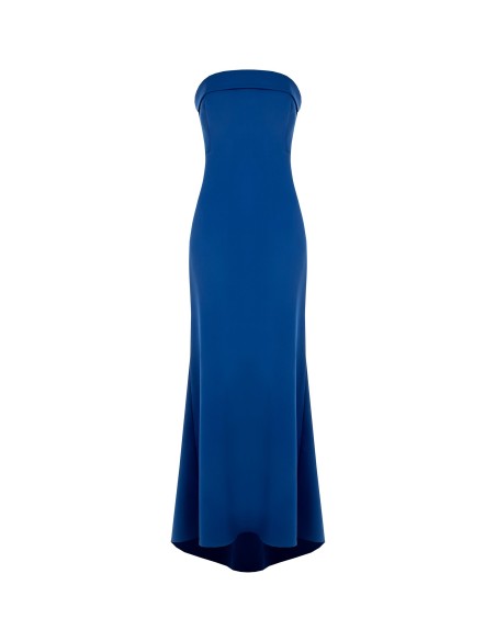 Vestido longo com corte evasé e assimétrico com decote Bardot em scuba crepe Rinascimento
