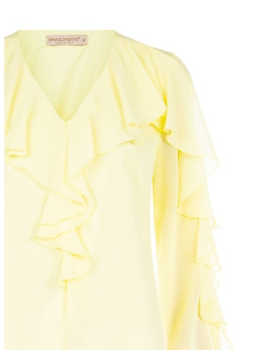 Blusa Cinturada em Georgette Plissê com Decote em V e Folhos Rinascimento