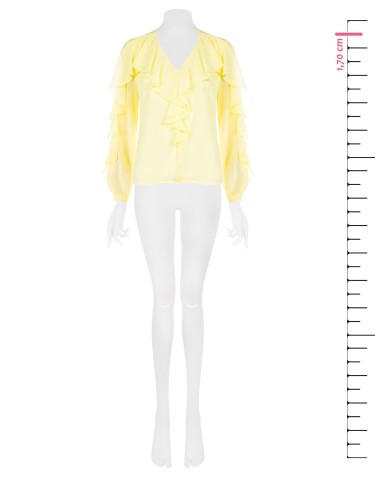 Blusa cinturada em georgette plissê com decote em V e folhos Rinascimento
