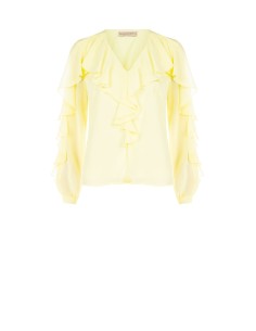 Blusa Ajustada em Georgette Plissada com Decote em V e Folhos Rinascimento