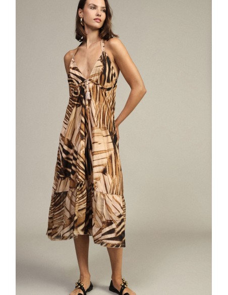 Vestido longo estampado geométrico com decote de amarração Dixie