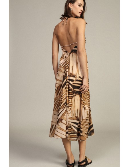 Vestido longo com estampa geométrica e decote com laço Dixie