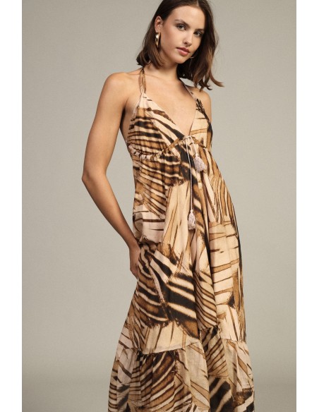 Vestido longo com estampado geométrico e decote com amarração Dixie