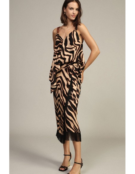 Saia Midi Estampa Animal com Franjas Dixie
