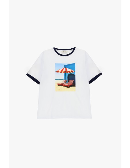 T-shirt de gola redonda com estampa fotográfica e perfis em contraste Dixie