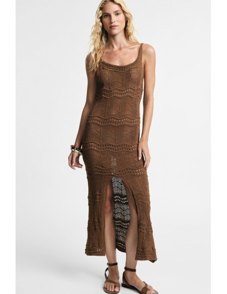 Vestido longo traforado com alças e fenda frontal Please