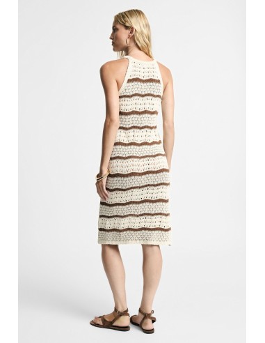 Vestido Midi às Riscas Trabalhado em Ponto Calado Sem Mangas Please