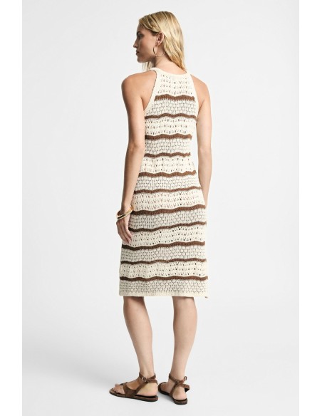 Vestido Midi às Riscas Trabalhado em Ponto Calado Sem Mangas Please