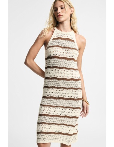 Vestido midi às riscas, trabalhado em ponto vazado, sem mangas Please