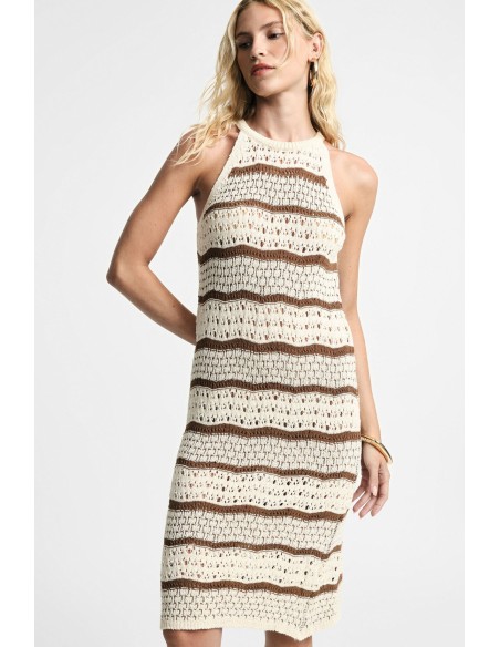 Vestido midi às riscas, trabalhado em ponto vazado, sem mangas Please