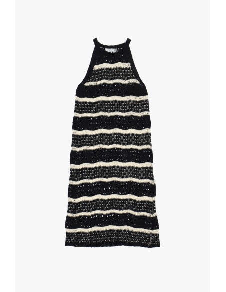 Vestido midi às riscas trabalhado em ponto aberto sem mangas Please