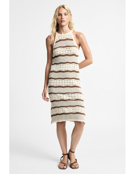 Vestido midi às riscas trabalhado com motivos vazados sem mangas Please