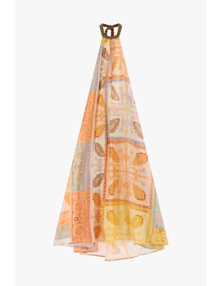 Vestido longo estampado patchwork com decote amarrado Dixie