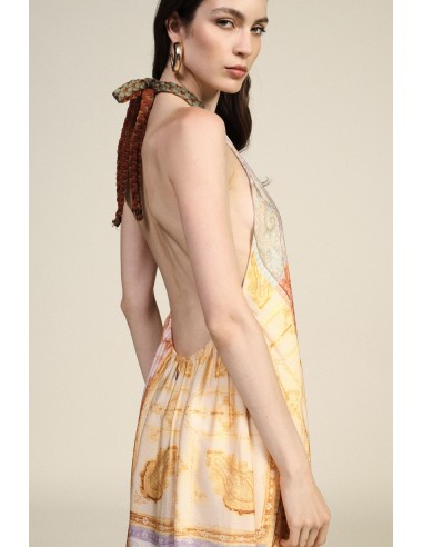 Vestido comprido com estampa patchwork e decote amarrado Dixie