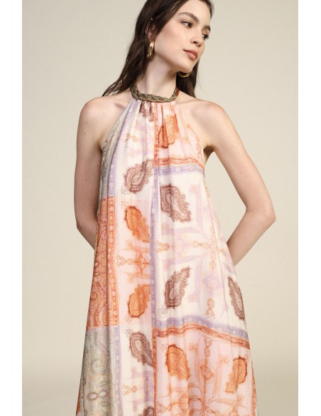 Vestido longo com estampa patchwork e decote com nó Dixie