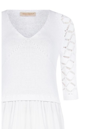 Vestido curto efeito 2 peças com saia em algodão com folhos e top de croché Rinascimento