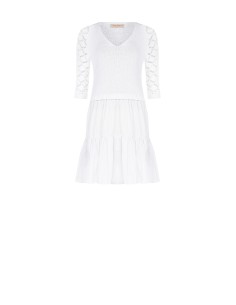Vestido Curto Efeito 2 Peças Com Saia Em Algodão Com Folhos E Top Em Croché Rinascimento