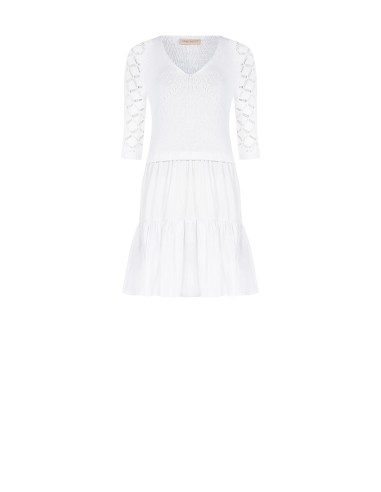 Vestido Curto Efeito 2 Peças Com Saia Em Algodão Com Folhos E Top Em Croché Rinascimento