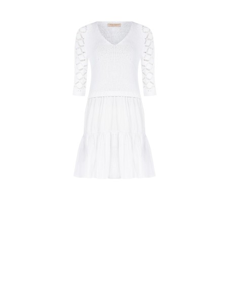 Vestido Curto Efeito 2 Peças Com Saia Em Algodão Com Folhos E Top Em Croché Rinascimento