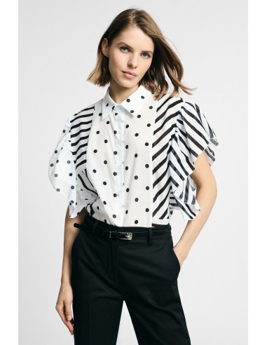 Blusa curta com padrão de riscas e bolinhas e mangas com folhos Please
