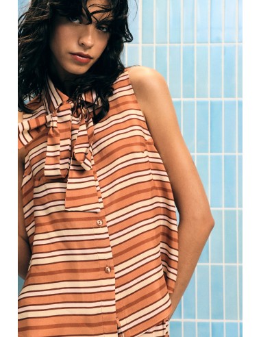 Camisa sem mangas às riscas com laço e botões por favor