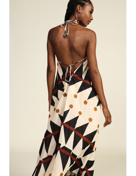 Vestido Longo com Estampa Geométrica e Bolinhas Dixie