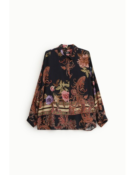 Camisa com padrão floral e paisley, gola à coreana Dixie