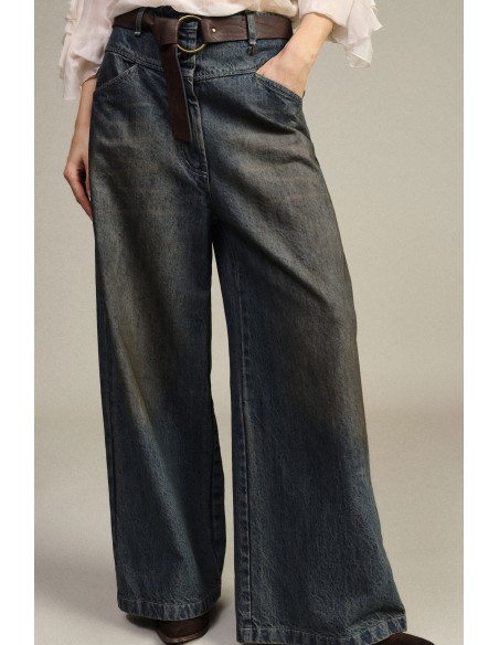 Jeans de perna larga cintura alta com cinto Dixie