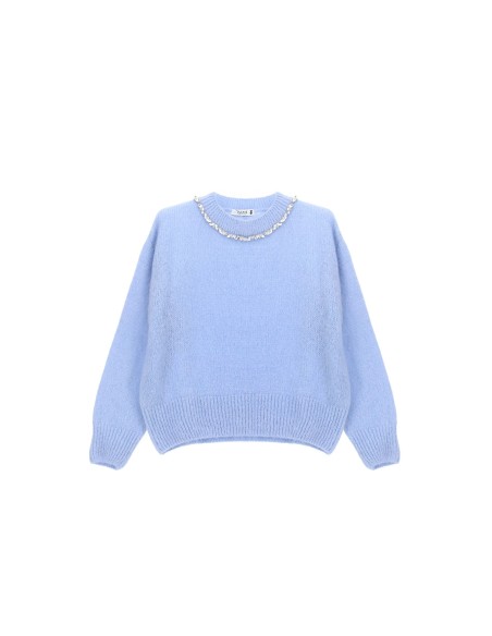 Camisola de Gola Redonda com Aplicação de Pérolas Please