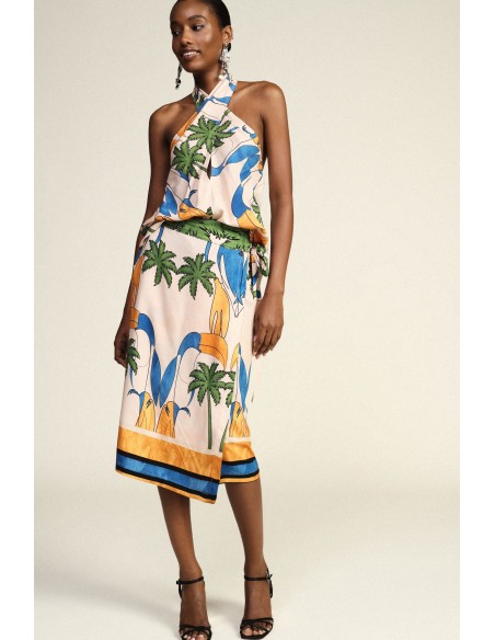 Saia curta estampada tropical com nó lateral Dixie