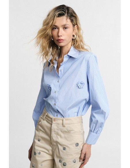 Camisa às riscas com aplicações florais e mangas compridas Please
